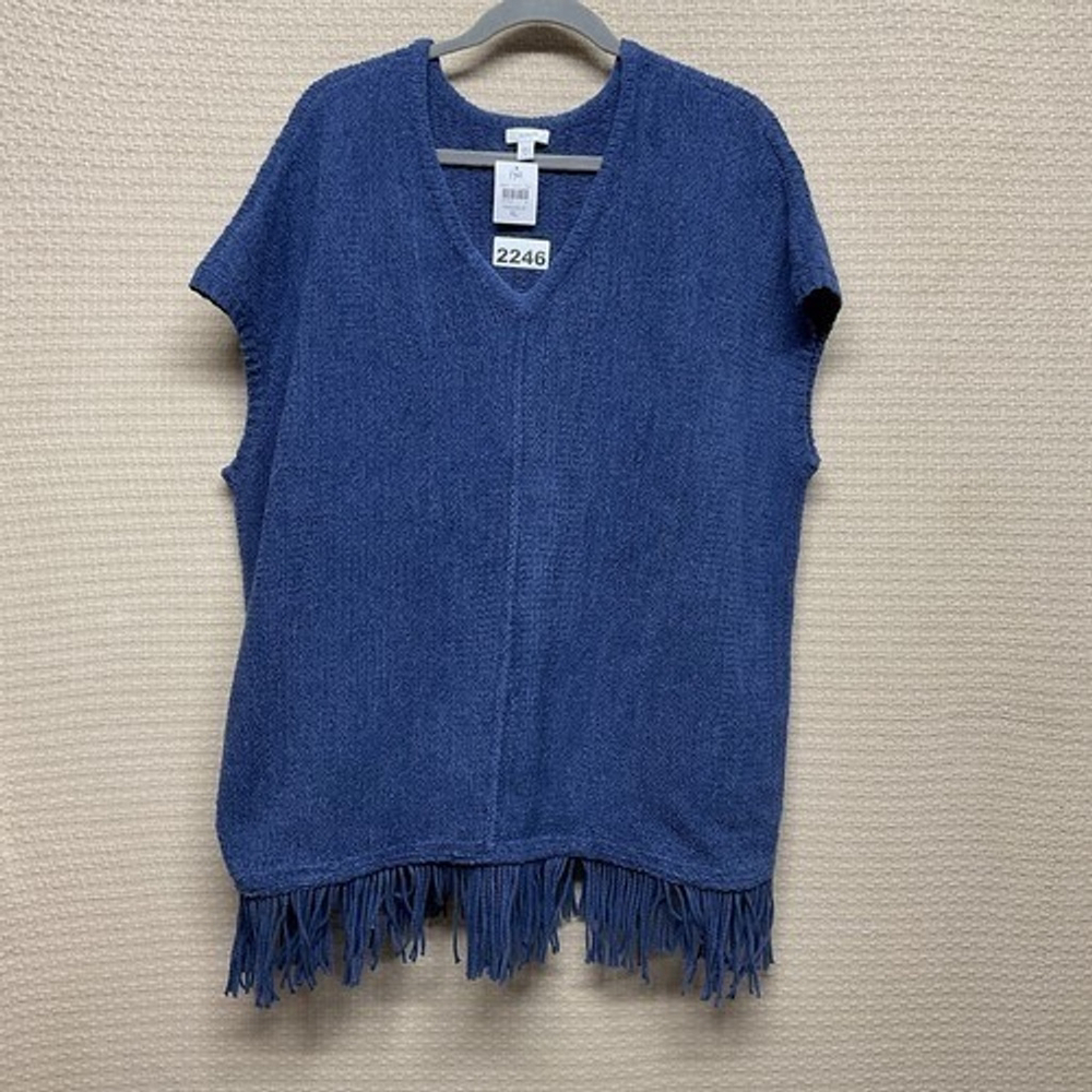 NWT J. Jill Pure Jill IndigoBlue Fringed Hem V-Neck Vest Sweater Women Size XL